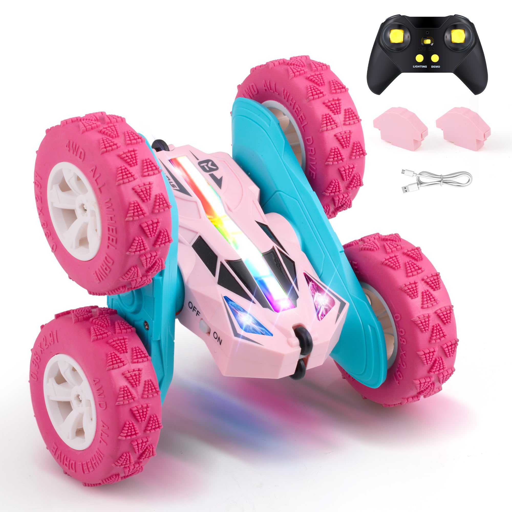 Threeking Remote Control Car RC Cars Toys for Boys Girls Ages 6-12, 4WD Stunt Car with Breathing Soft Lights, Double-Sided Driving & 360° Flips, Presents Gifts, Green