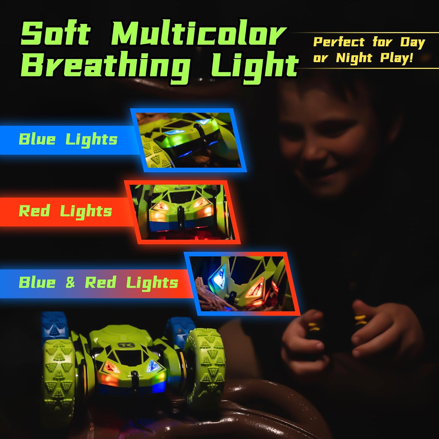 Threeking Remote Control Car RC Cars Toys for Boys Girls Ages 6-12, 4WD Stunt Car with Breathing Soft Lights, Double-Sided Driving & 360° Flips, Presents Gifts, Green