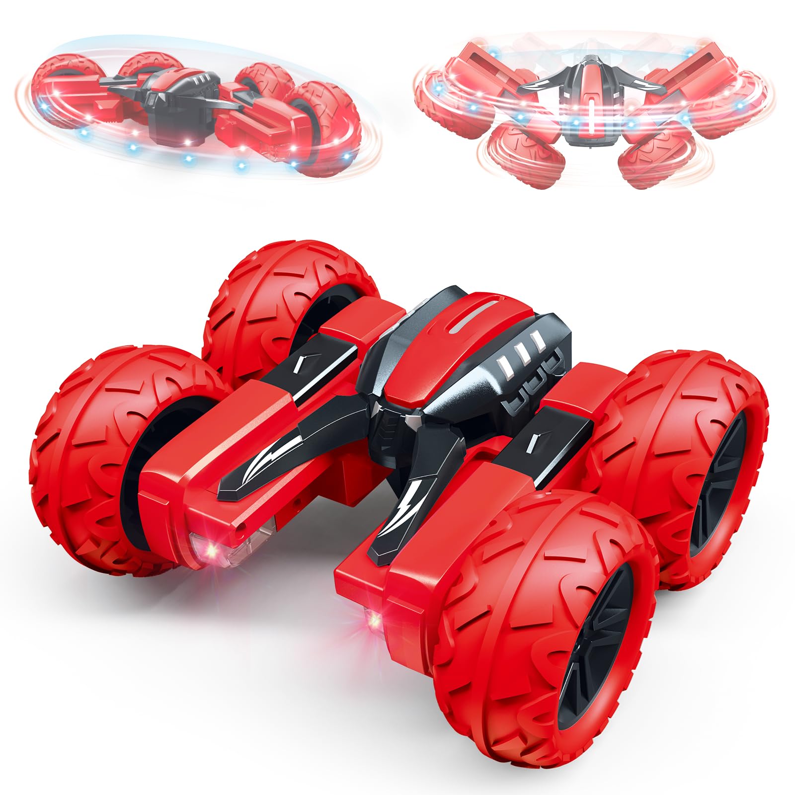 Threeking Remote Control Car RC Cars Toys for Boys Girls Ages 6-12, 4WD Stunt Car with Breathing Soft Lights, Double-Sided Driving & 360° Flips, Presents Gifts, Green