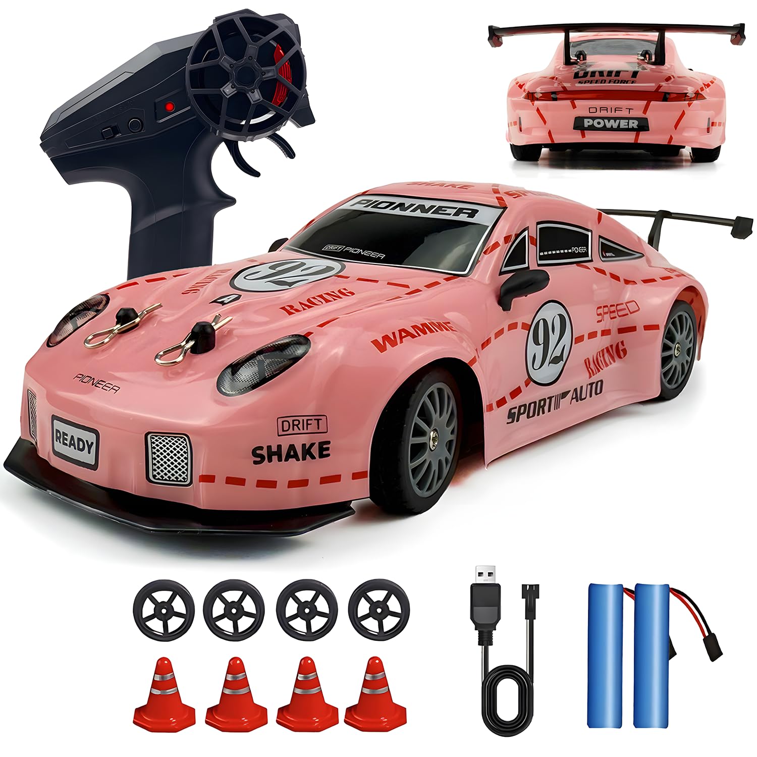 RC Drift Car 2.4GHz 1:24 Scale 4WD High Speed Remote Control Cars Vehicle with LED Lights Two Batteries and Drifting Tires Racing Sport Toy Cars for Adults Boys Girls Kids