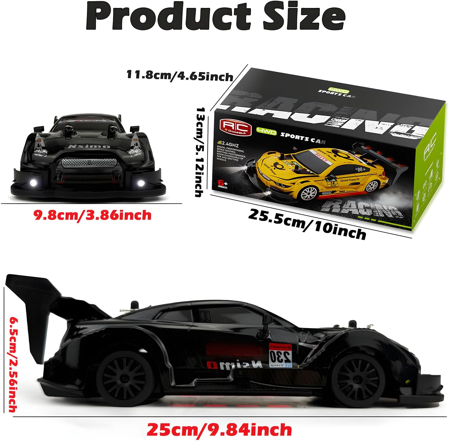 1:20 RC Drift Car 2.4GHz 4WD High Speed Drift Remote Control Cars Vehicle with LED Lights and Drifting Tires Batteries x2 Racing Sport Toy Cars for Adults Boys Girls Kids (Black 1:20)