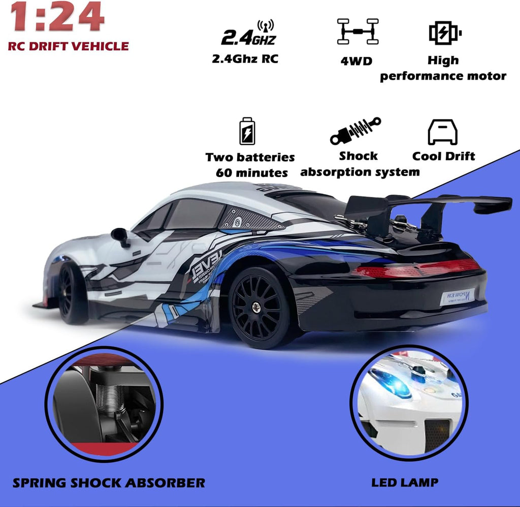 RC Drift Car 2.4GHz 1:24 Scale 4WD High Speed Remote Control Cars Vehicle with LED Lights Two Batteries and Drifting Tires Racing Sport Toy Cars for Adults Boys Girls Kids