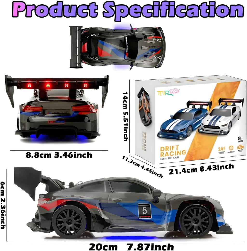 RC Drift Car 2.4GHz 1:24 Scale 4WD 25KM+/H High Speed Model Vehicle with LED Lights Drifting Tire Racing Sport Toy Car for Adults Boys Girls Kids Gift (Black)