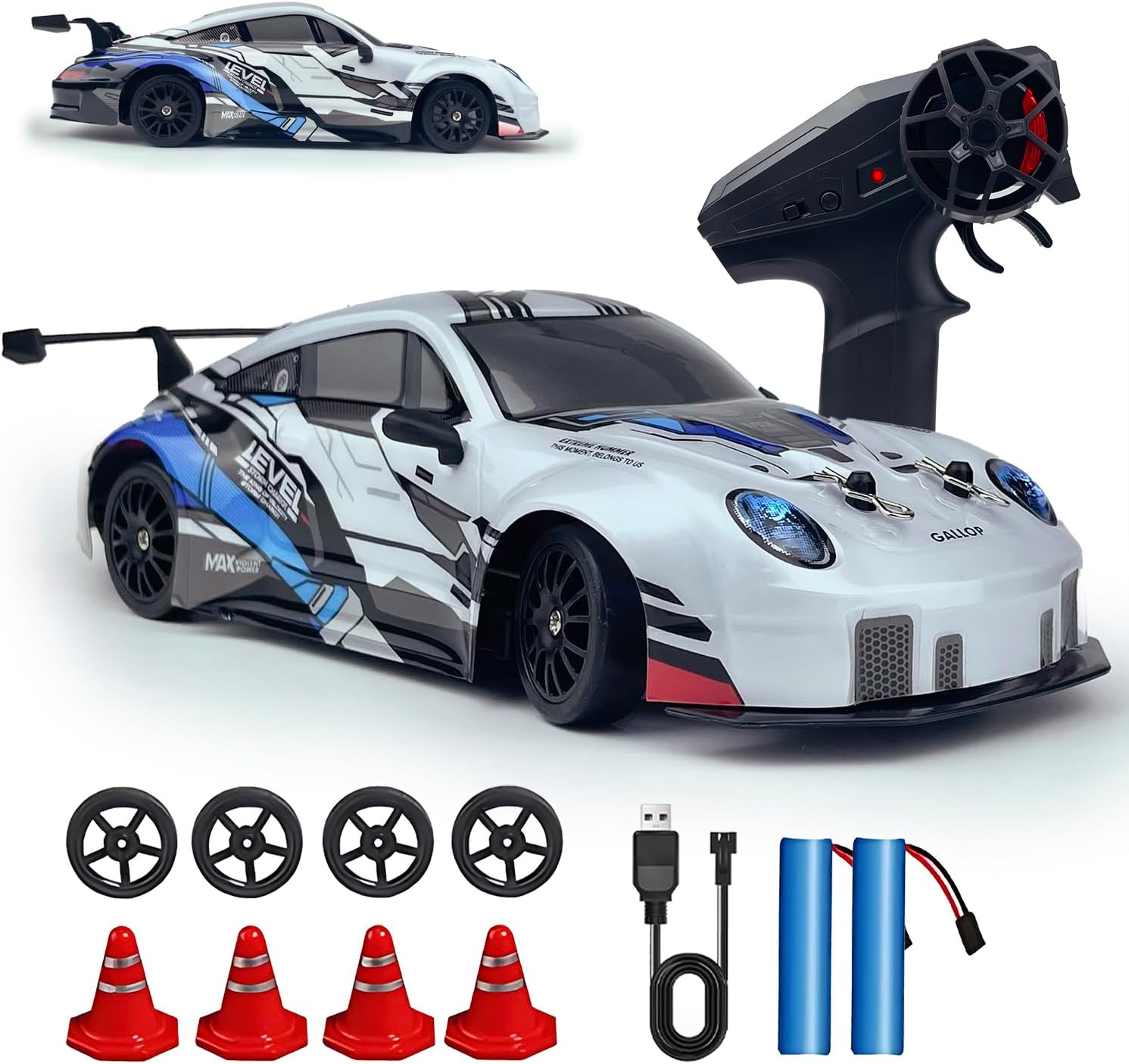 RC Drift Car 2.4GHz 1:24 Scale 4WD High Speed Remote Control Cars Vehicle with LED Lights Two Batteries and Drifting Tires Racing Sport Toy Cars for Adults Boys Girls Kids