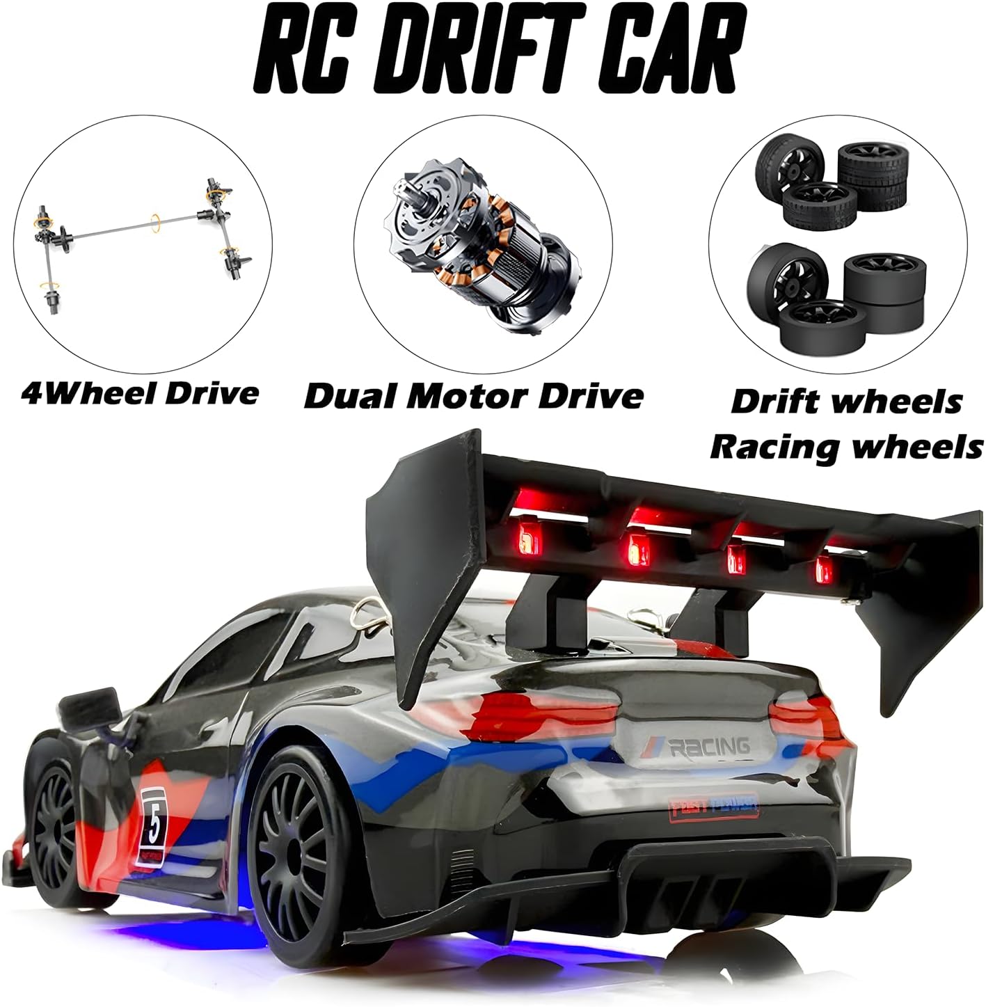 RC Drift Car 2.4GHz 1:24 Scale 4WD 25KM+/H High Speed Model Vehicle with LED Lights Drifting Tire Racing Sport Toy Car for Adults Boys Girls Kids Gift (Black)