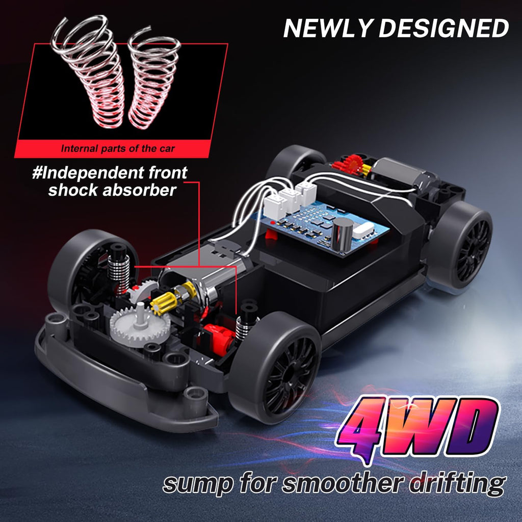 ACAMMZAR Remote Control Car Drift, 1:24 20KM/H 4WD Remote Control Car All Terrain Child Adult RC Drift Car for Boys 5 6 7 8 9 10 Years Old with LED Lights, Two Batteries