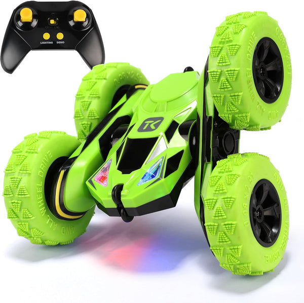 Threeking Remote Control Car RC Cars Toys for Boys Girls Ages 6-12, 4WD Stunt Car with Breathing Soft Lights, Double-Sided Driving & 360° Flips, Presents Gifts, Green