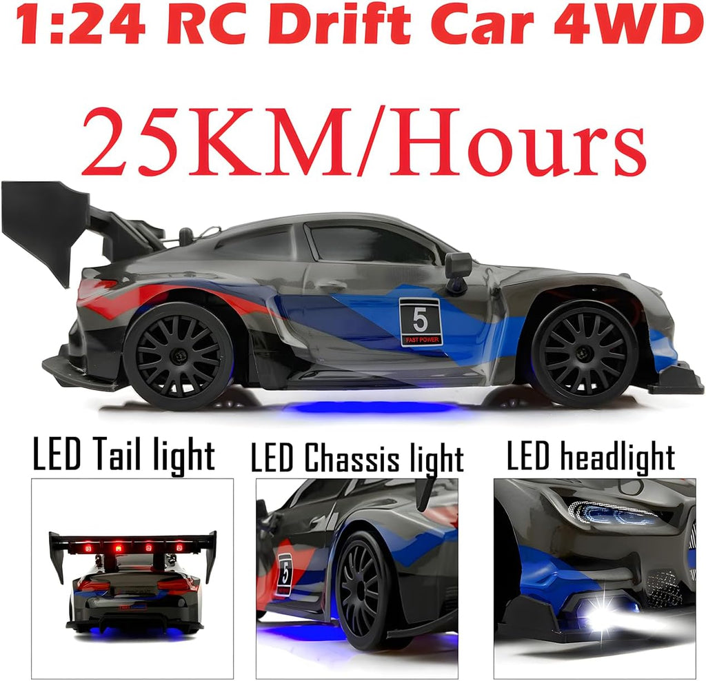 RC Drift Car 2.4GHz 1:24 Scale 4WD 25KM+/H High Speed Model Vehicle with LED Lights Drifting Tire Racing Sport Toy Car for Adults Boys Girls Kids Gift (Black)