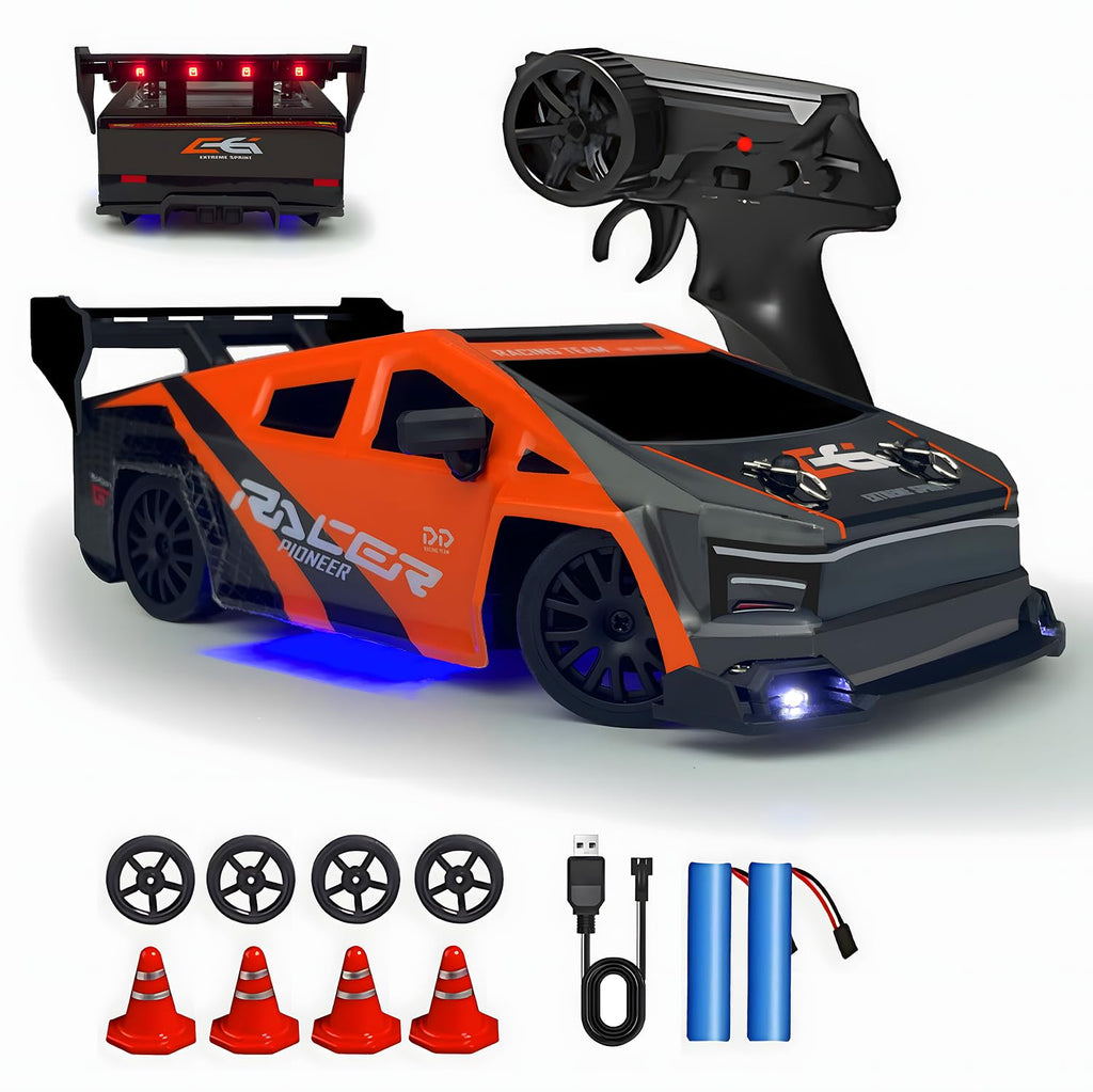 RC Drift Car 2.4GHz 1:24 Scale 4WD High Speed Remote Control Cars Vehicle with LED Lights Two Batteries and Drifting Tires Racing Sport Toy Cars for Adults Boys Girls Kids
