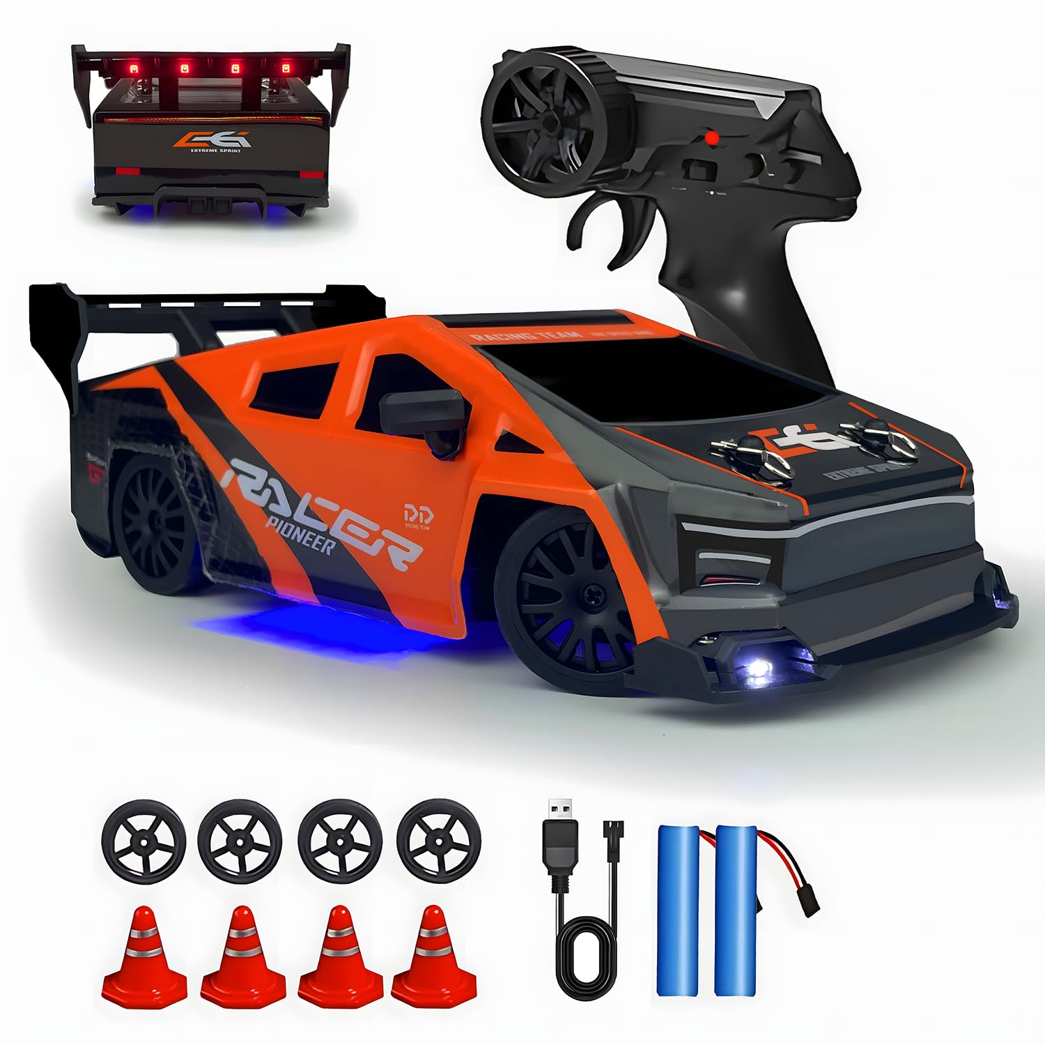 RC Drift Car 2.4GHz 1:24 Scale 4WD High Speed Remote Control Cars Vehicle with LED Lights Two Batteries and Drifting Tires Racing Sport Toy Cars for Adults Boys Girls Kids