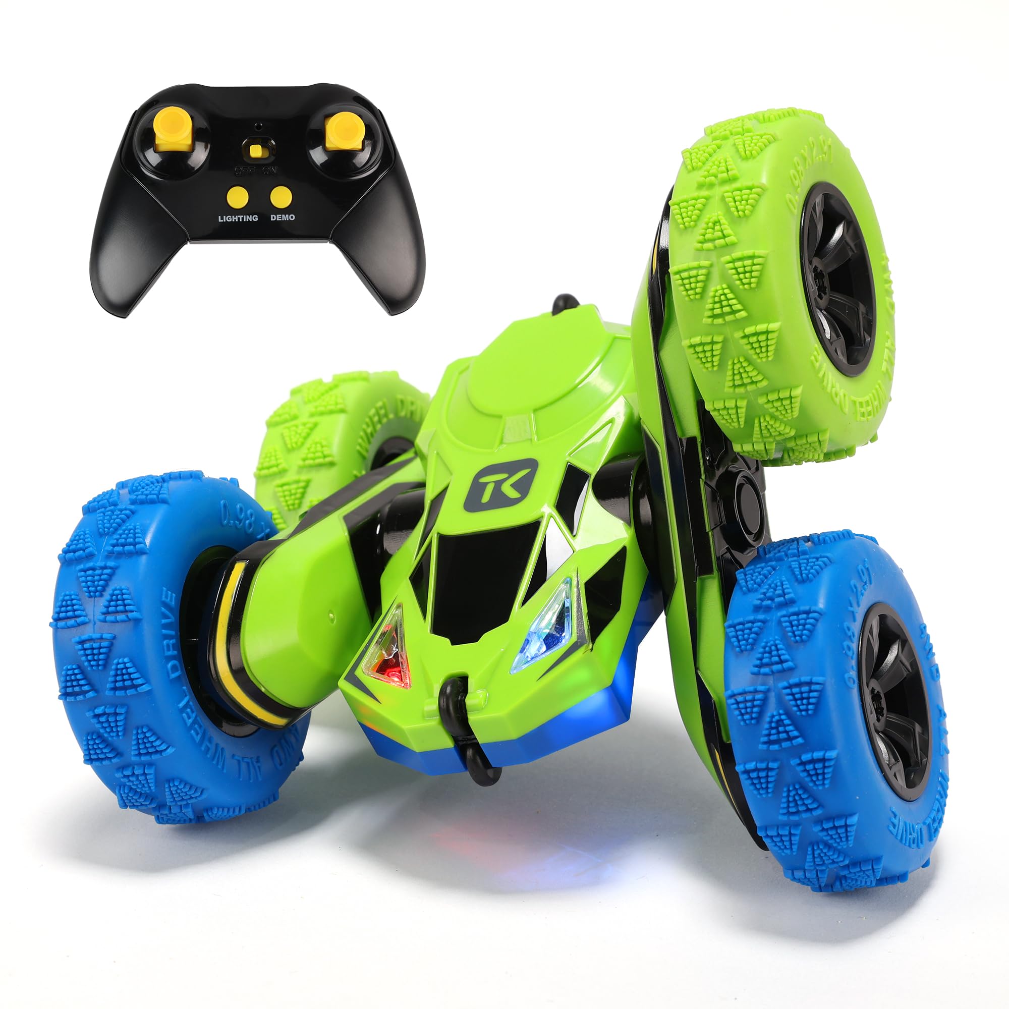Threeking Remote Control Car RC Cars Toys for Boys Girls Ages 6-12, 4WD Stunt Car with Breathing Soft Lights, Double-Sided Driving & 360° Flips, Presents Gifts, Green