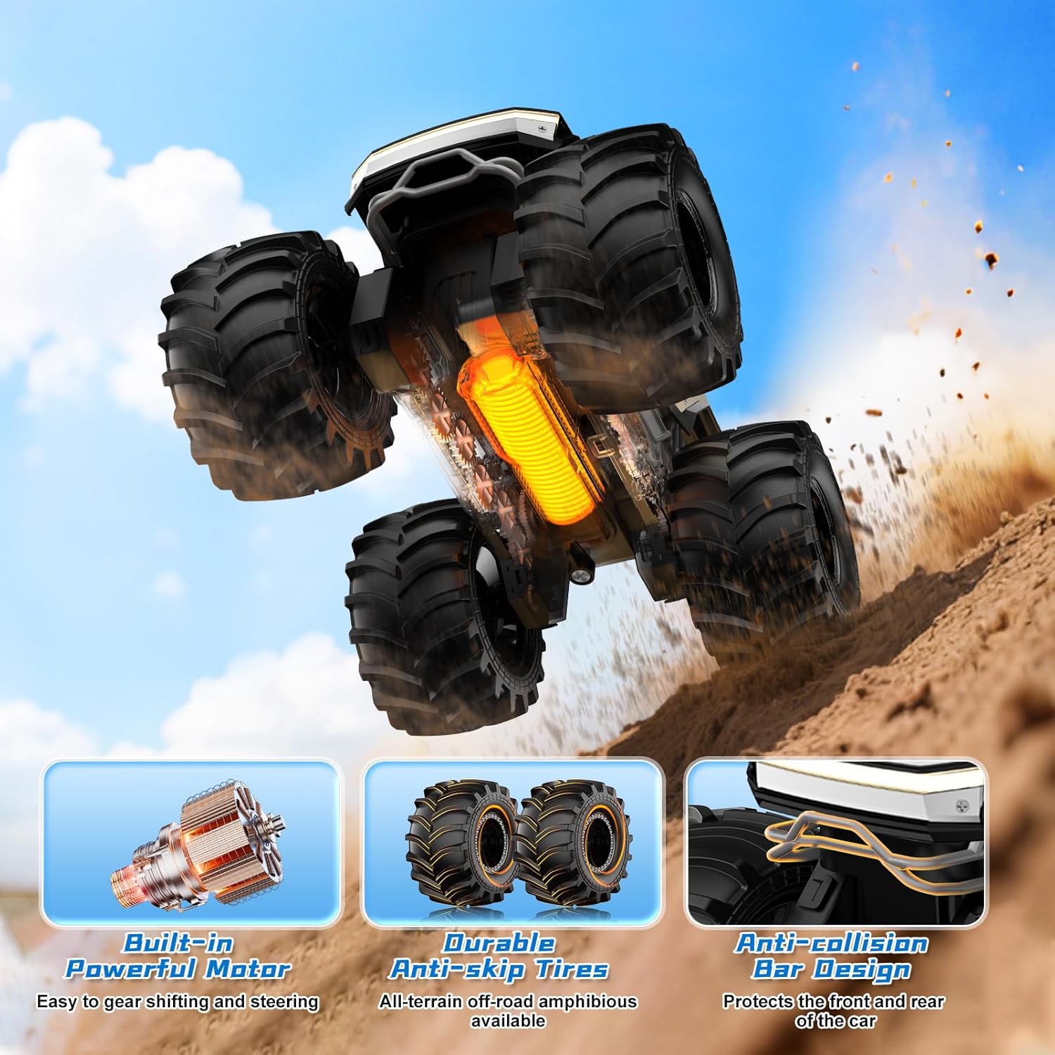 Amphibious Remote Control Car, 1:18 Monster Truck Toys for Boys RC Cars, 2.4 GHz Waterproof RC Trucks, 4WD All Terrain Off-Road Pickup, Kids Christmas Birthday Gifts Present Boys Girls Toys Ages 6+