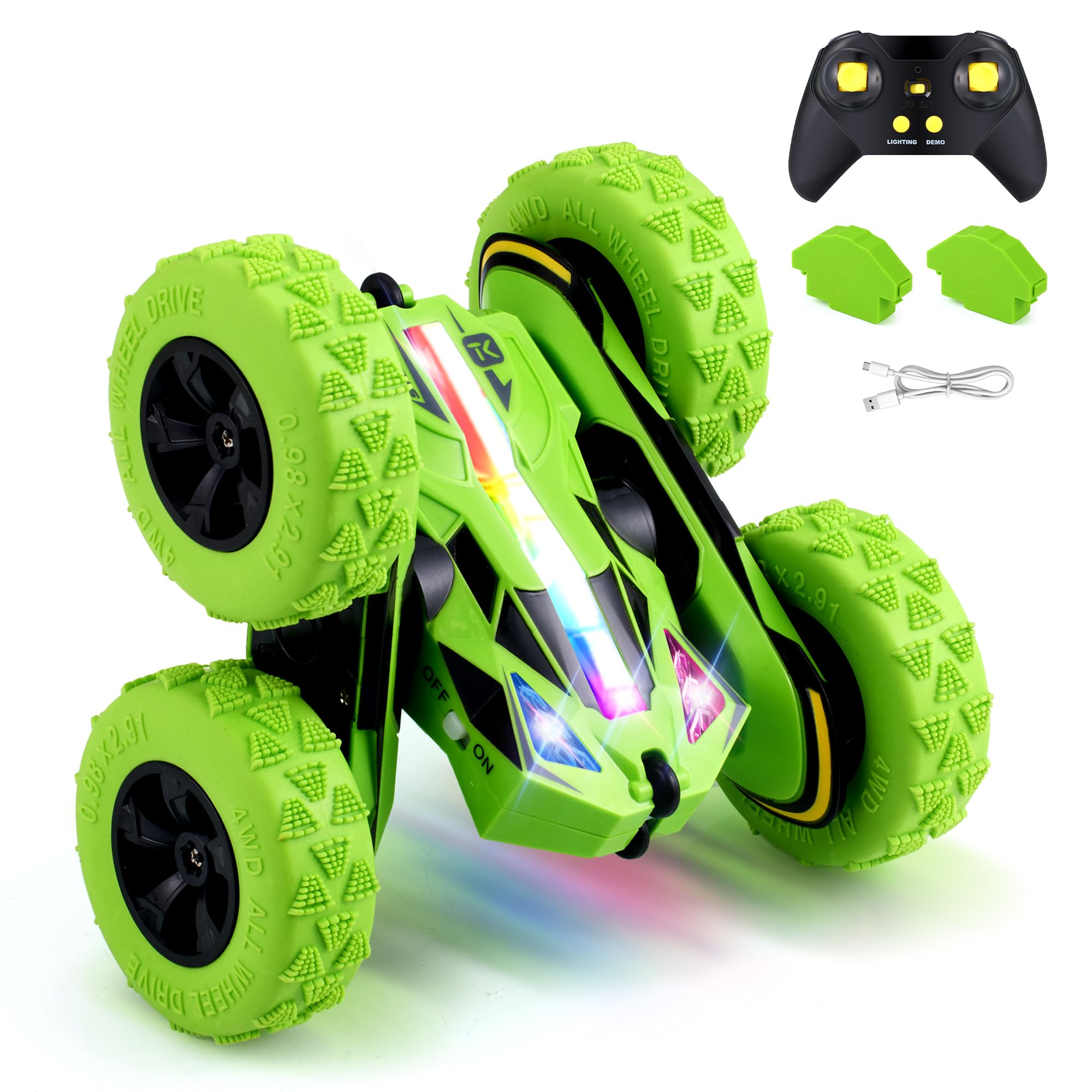 Threeking Remote Control Car RC Cars Toys for Boys Girls Ages 6-12, 4WD Stunt Car with Breathing Soft Lights, Double-Sided Driving & 360° Flips, Presents Gifts, Green