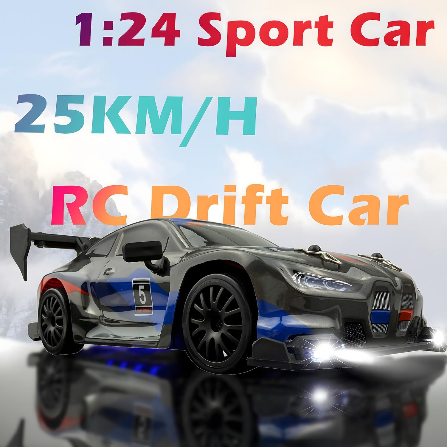RC Drift Car 2.4GHz 1:24 Scale 4WD 25KM+/H High Speed Model Vehicle with LED Lights Drifting Tire Racing Sport Toy Car for Adults Boys Girls Kids Gift (Black)