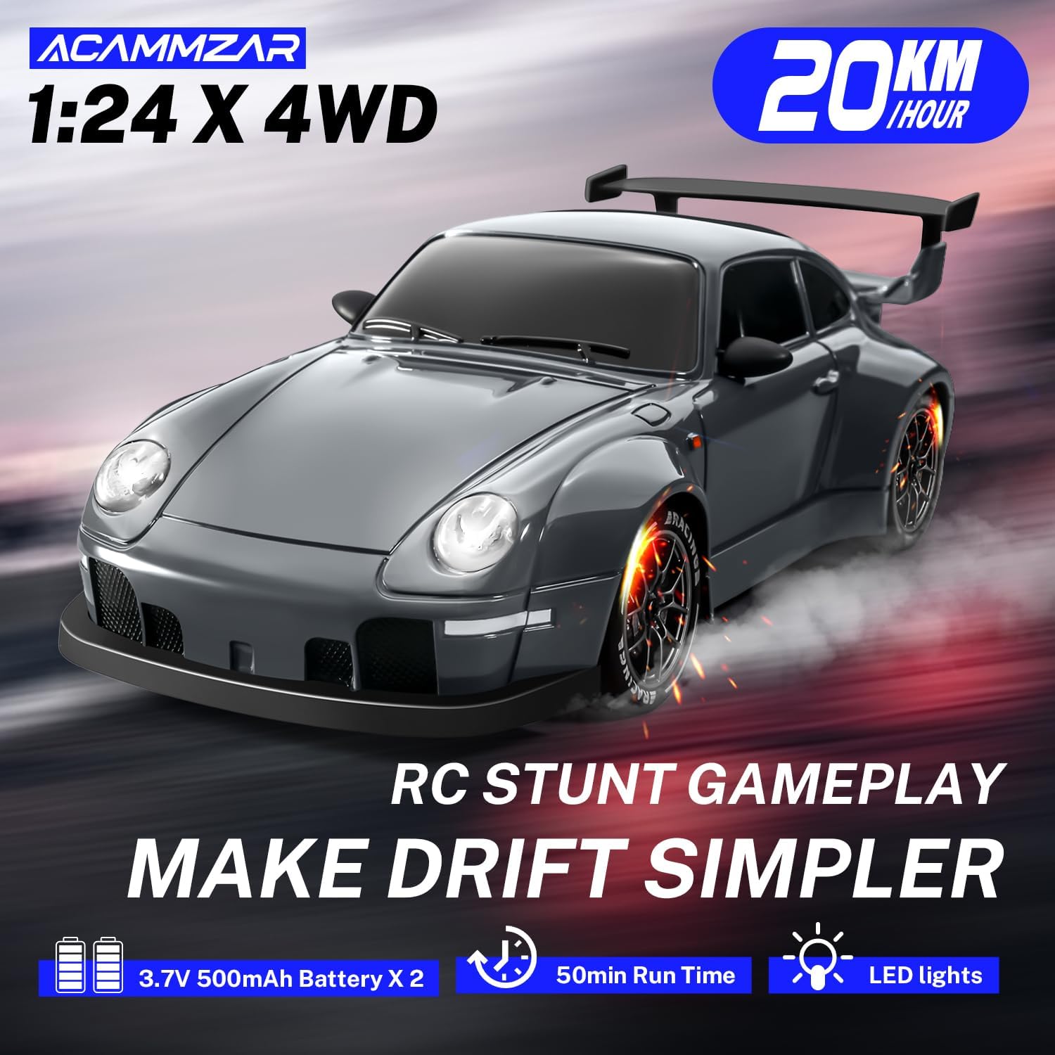 ACAMMZAR Remote Control Car Drift, 1:24 20KM/H 4WD Remote Control Car All Terrain Child Adult RC Drift Car for Boys 5 6 7 8 9 10 Years Old with LED Lights, Two Batteries