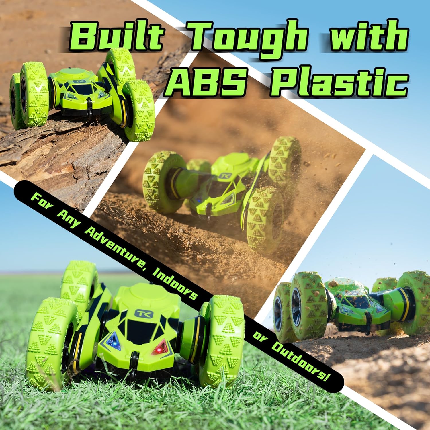 Threeking Remote Control Car RC Cars Toys for Boys Girls Ages 6-12, 4WD Stunt Car with Breathing Soft Lights, Double-Sided Driving & 360° Flips, Presents Gifts, Green