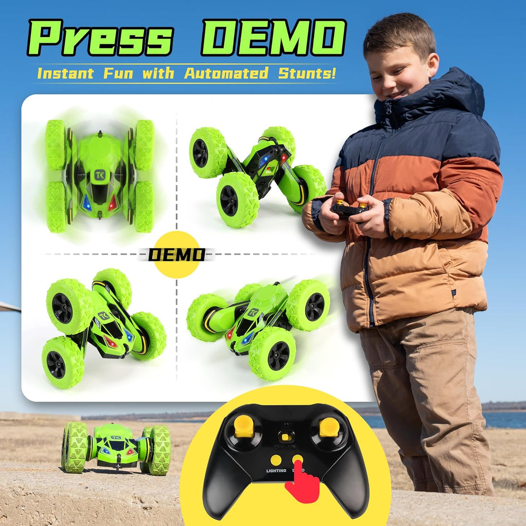 Threeking Remote Control Car RC Cars Toys for Boys Girls Ages 6-12, 4WD Stunt Car with Breathing Soft Lights, Double-Sided Driving & 360° Flips, Presents Gifts, Green