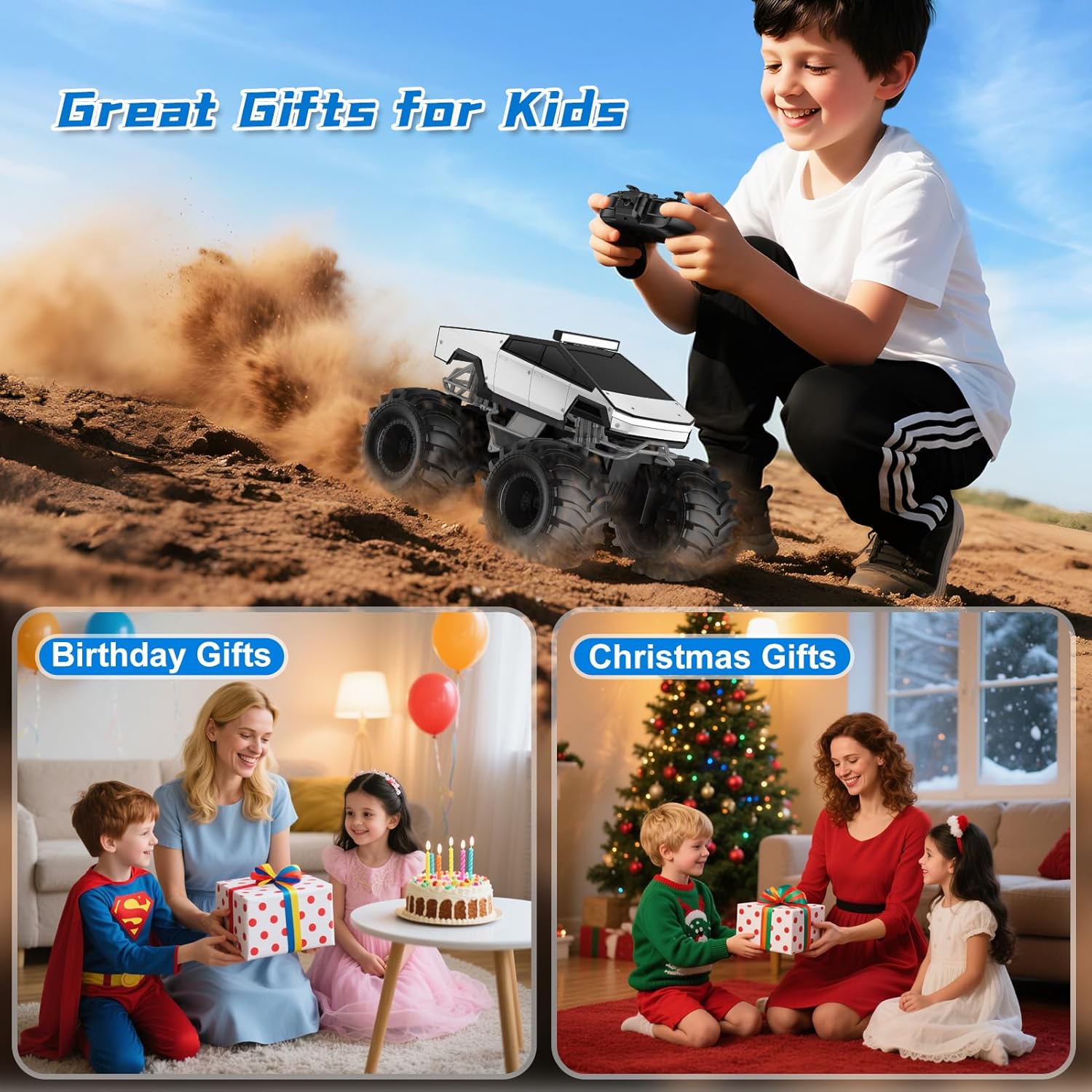 Amphibious Remote Control Car, 1:18 Monster Truck Toys for Boys RC Cars, 2.4 GHz Waterproof RC Trucks, 4WD All Terrain Off-Road Pickup, Kids Christmas Birthday Gifts Present Boys Girls Toys Ages 6+