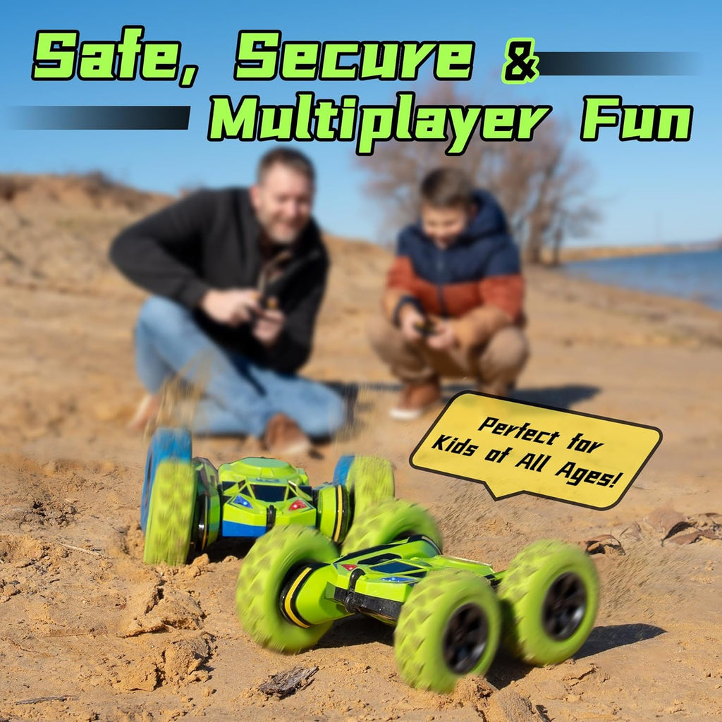 Threeking Remote Control Car RC Cars Toys for Boys Girls Ages 6-12, 4WD Stunt Car with Breathing Soft Lights, Double-Sided Driving & 360° Flips, Presents Gifts, Green