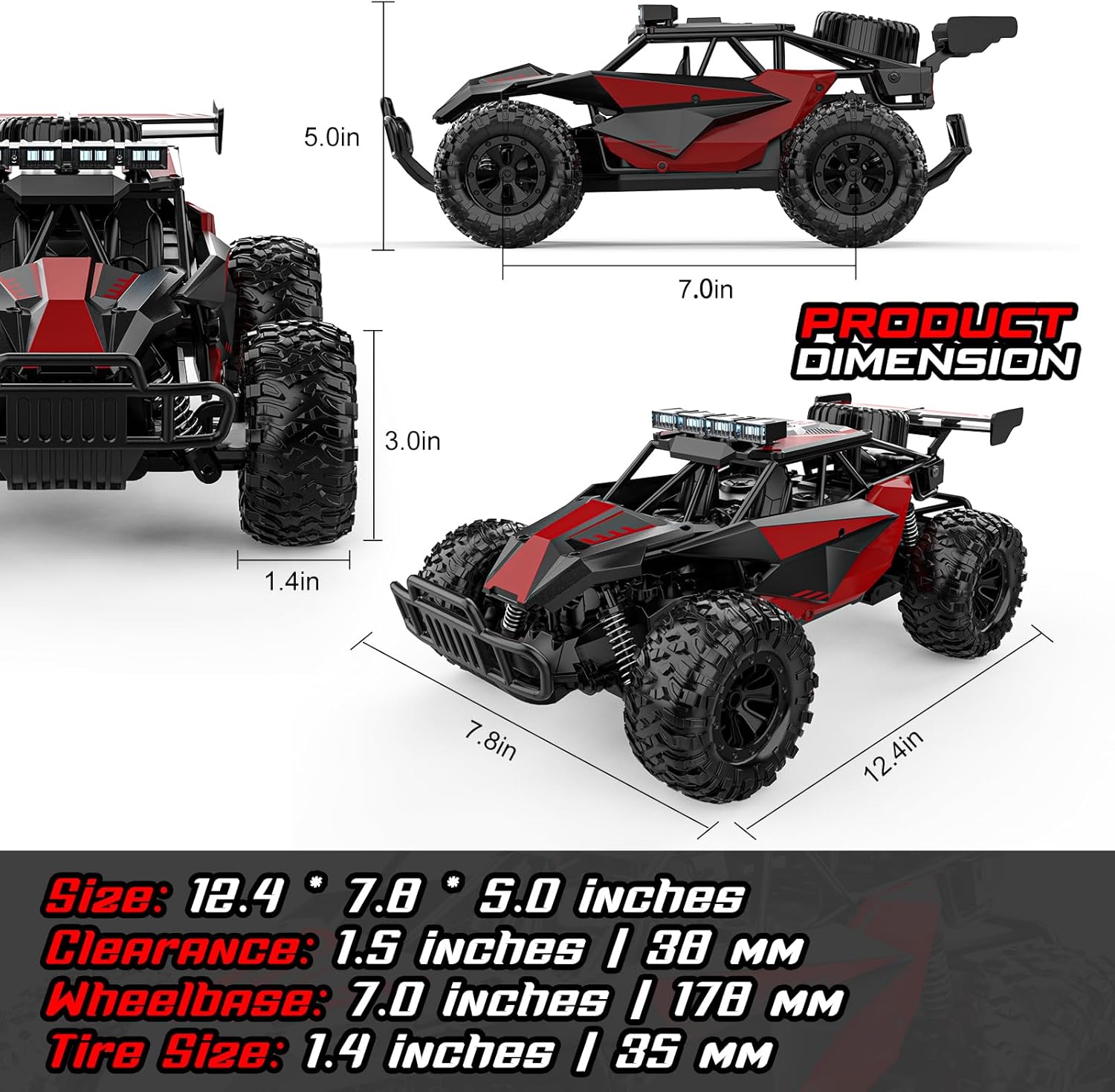 BLUEJAY Remote Control Car, 2.4GHz High Speed 33KM/H RC Cars Toys, 1:12 Monster RC Truck Off Road with LED Headlight and Rechargeable Battery Gifts for Adults Boys 8-12