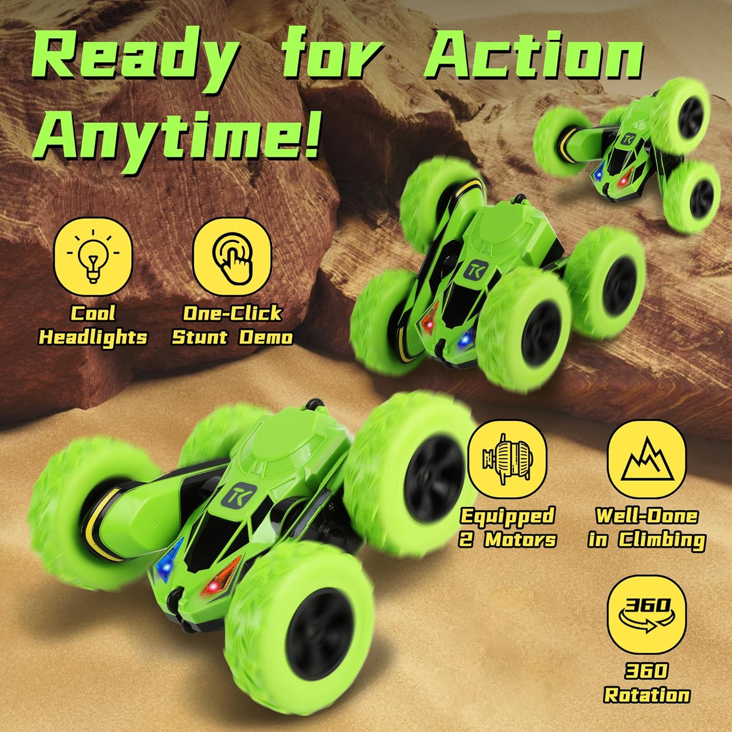 Threeking Remote Control Car RC Cars Toys for Boys Girls Ages 6-12, 4WD Stunt Car with Breathing Soft Lights, Double-Sided Driving & 360° Flips, Presents Gifts, Green